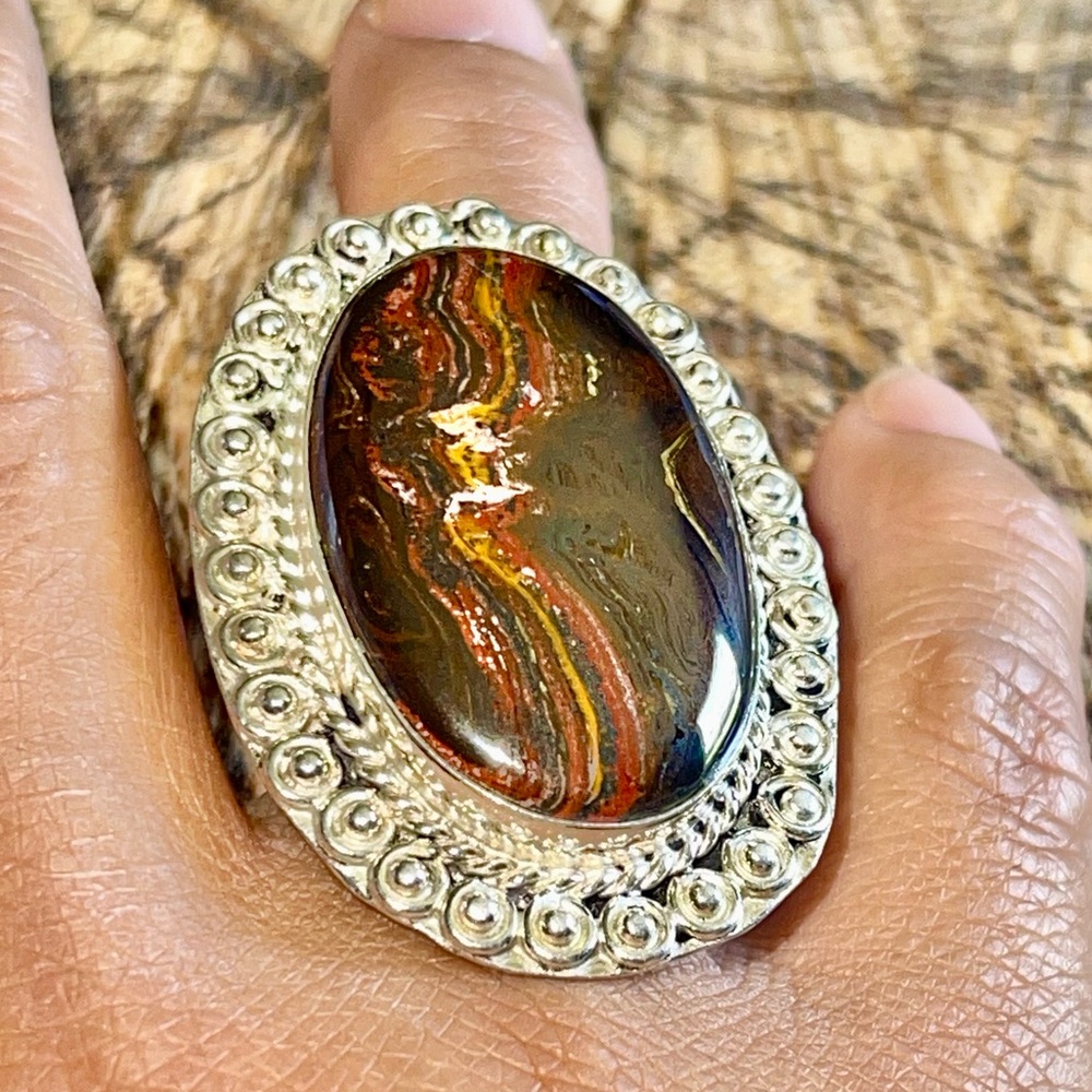 Oversize Dark Iron Tigereye Ring Size 7 3/4
